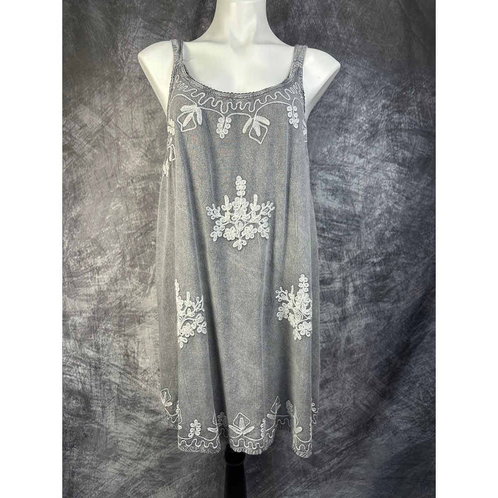 Daisy Island Sleeveless Dress Womens Large Gray Embroidered Boho LSD7478